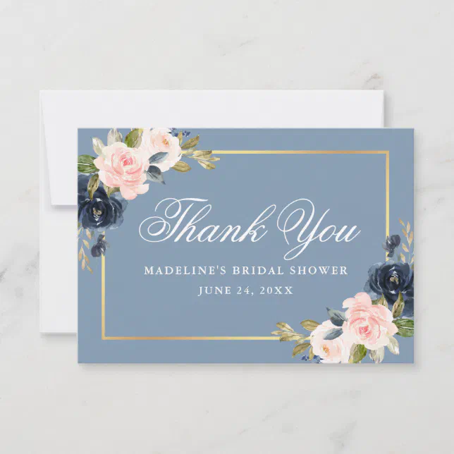 Elegant Dusty Blue Pink Floral Gold Bridal Shower Thank You Card | Zazzle