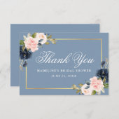 Elegant Dusty Blue Pink Floral Gold Bridal Shower Thank You Card (Front/Back)