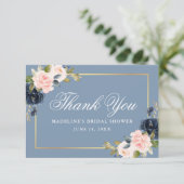 Elegant Dusty Blue Pink Floral Gold Bridal Shower Thank You Card (Standing Front)