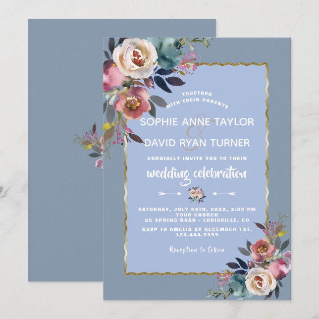 Elegant Dusty Blue Pink Floral Gold Frame Wedding Invitation (Front/Back)