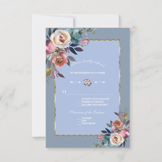 Elegant Dusty Blue Pink Floral Gold Frame Wedding RSVP Card (Front)