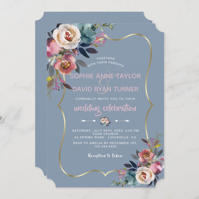 Elegant Dusty Blue Pink Floral Gold Wedding Invitation (Front/Back)