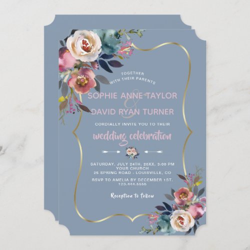 Elegant Dusty Blue Pink Floral Gold Wedding Invitation