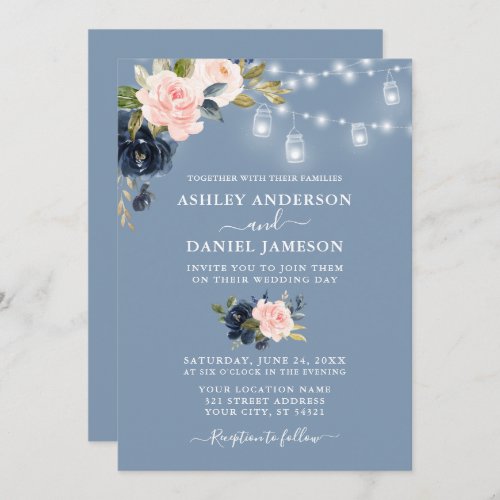 Elegant Dusty Blue Pink Floral Jar Lights Wedding Invitation