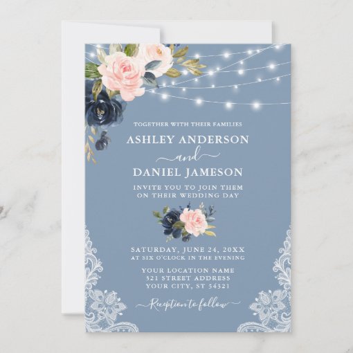 Elegant Dusty Blue Pink Floral Lights Lace Wedding Invitation | Zazzle