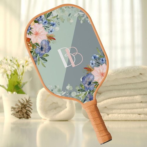 Elegant Dusty Blue Pink Floral Monogram   Pickleball Paddle