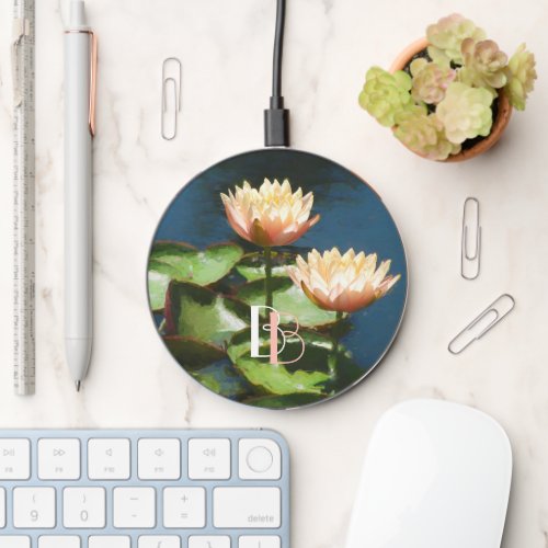 Elegant Dusty Blue Pink Floral Monogram   Wireless Charger