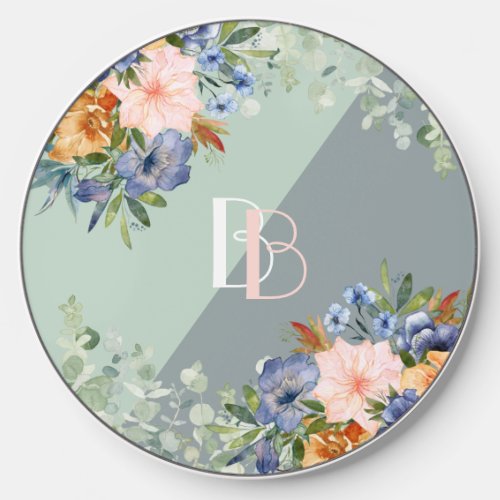Elegant Dusty Blue Pink Floral Monogram  Wireless Charger