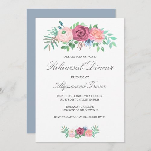 Elegant Dusty Blue Pink Floral Rehearsal Dinner Invitation