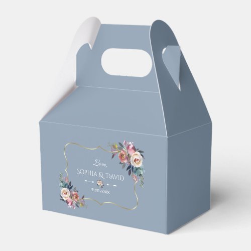 Elegant Dusty Blue Pink Flowers Gold Frame Wedding Favor Boxes