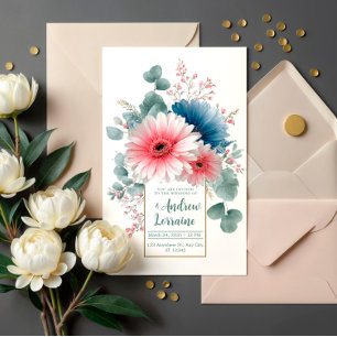 Elegant Dusty Blue Pink Gerbera Daisy Gold Frame Invitation