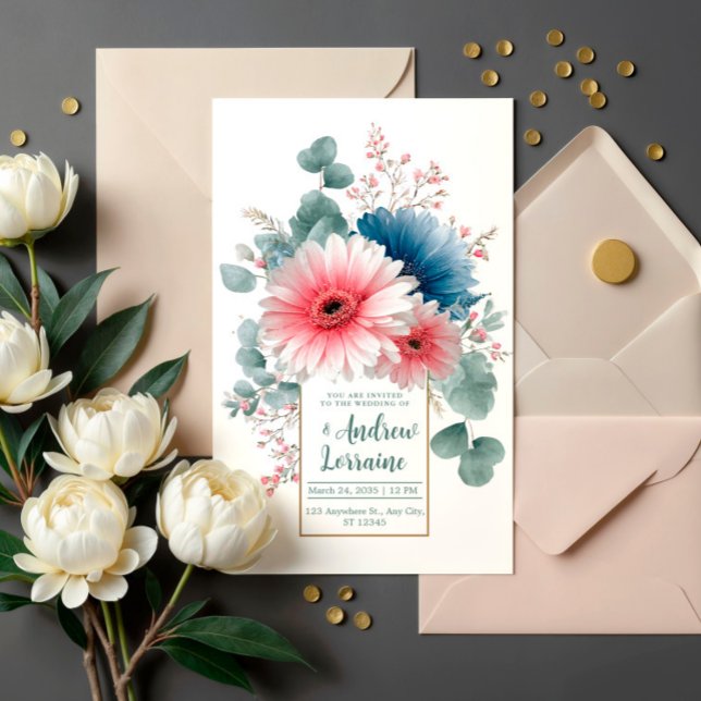 Elegant Dusty Blue Pink Gerbera Daisy Gold Frame Invitation (Creator Uploaded)