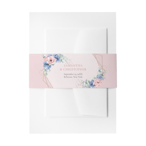 Elegant dusty blue pink watercolor floral gold   invitation belly band