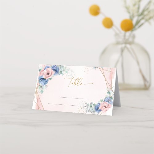 Elegant dusty blue pink watercolor floral gold place card