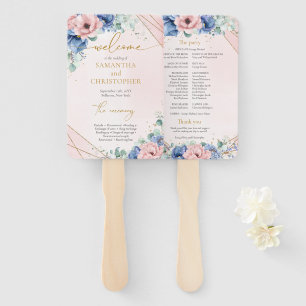 Elegant dusty blue pink watercolor floral program hand fan