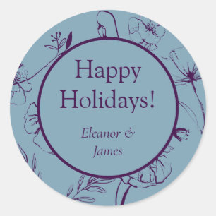 Elegant Dusty Blue & Plum Botanical Happy Holidays Classic Round Sticker