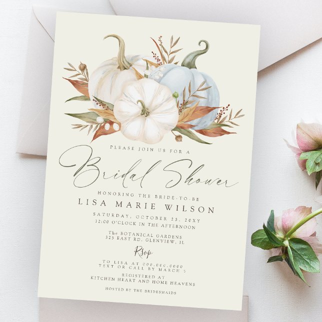 Elegant Dusty Blue Pumpkins Fall Bridal Shower Invitation (Creator Uploaded)