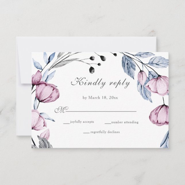 Elegant Dusty Blue Purple Bloom Wedding RSVP Card (Front)