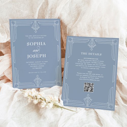 Elegant Dusty Blue | QR Code All in One Wedding Invitation
