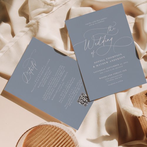 Elegant Dusty Blue QR Code All in one Wedding Invitation