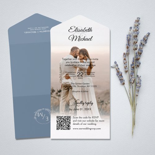 Elegant Dusty Blue QR Code Photo Wedding All In One Invitation