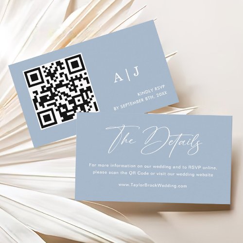 Elegant Dusty Blue QR Code Wedding RSVP Website Enclosure Card