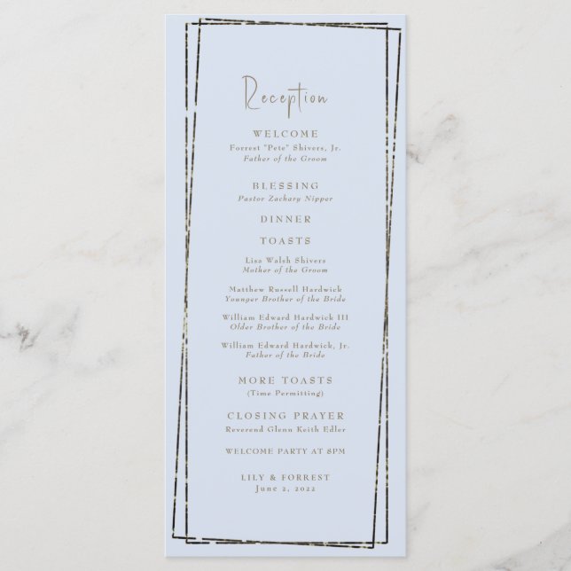 Elegant Dusty Blue Reception Wedding Toasts Menu (Front)