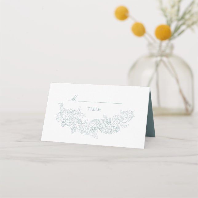 Elegant Dusty Blue Regency Wedding Place Card (Front)