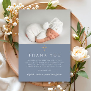 Elegant Dusty Blue Religious Boy Baptism Photo Thank You Card