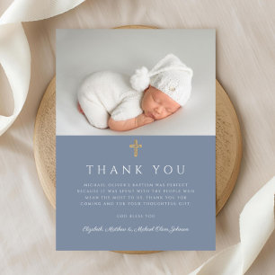 Elegant Dusty Blue Religious Boy Baptism Photo Thank You Card