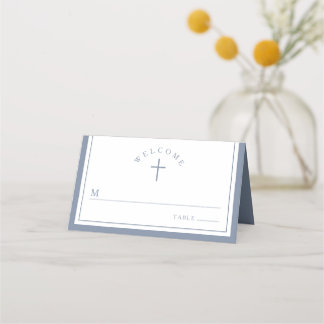 Elegant Dusty Blue Religious Boy Baptism Place Card