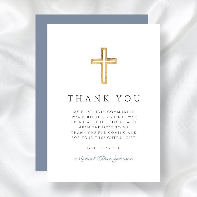 Elegant Dusty Blue Religious Boy First Communion Thank You Card (Elegant Dusty Blue Religious Cross First Communion Thank You Card)