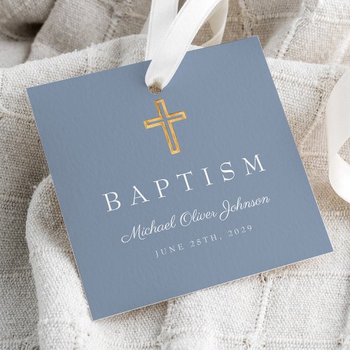 Elegant Dusty Blue Religious Cross Boy Baptism Favor Tags