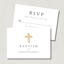 Elegant Dusty Blue Religious Cross Boy Baptism  RSVP Card