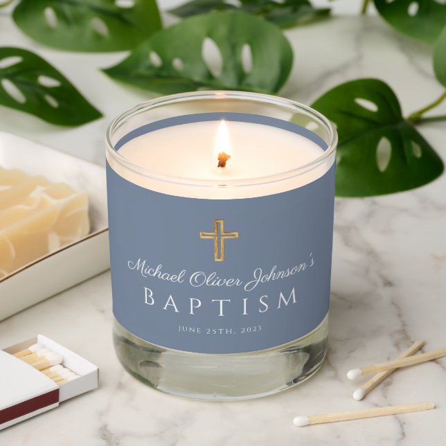 Elegant Dusty Blue Religious Cross Boy Baptism Scented Candle (Lit)