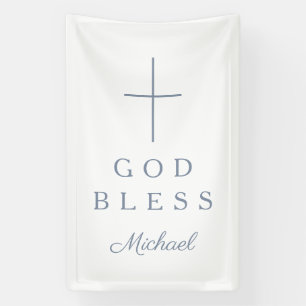 Elegant Dusty Blue Religious Cross Boy God Bless Banner