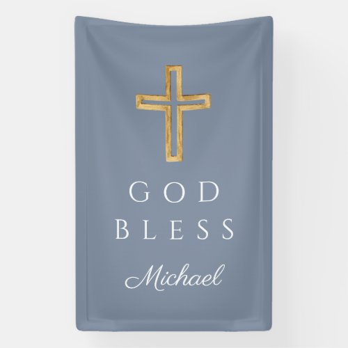 Elegant Dusty Blue Religious Cross Boy God Bless Banner