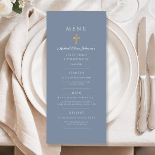 Elegant Dusty Blue Religious Cross First Communion Menu