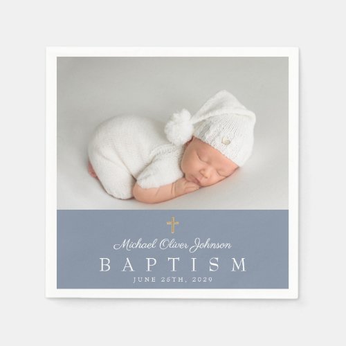 Elegant Dusty Blue Religious Cross Photo Baptism Napkins