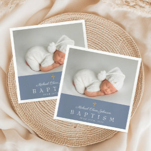 Elegant Dusty Blue Religious Cross Photo Baptism Napkins