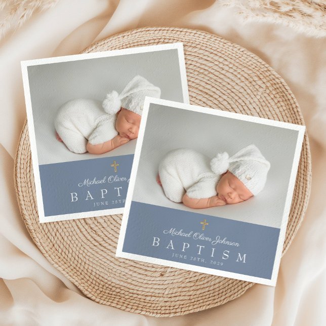 Elegant Dusty Blue Religious Cross Photo Baptism Napkins (Elegant Dusty Blue Religious Cross Photo Baptism Napkins)