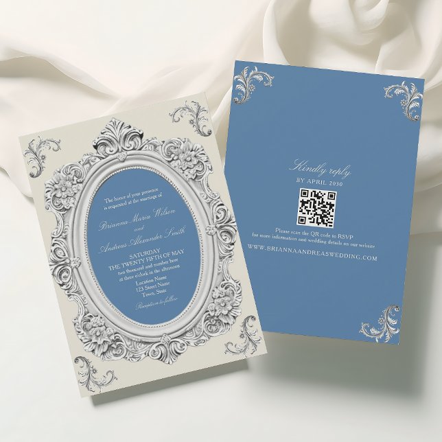 Elegant Dusty Blue Rococo Wedding Invitation (Creator Uploaded)