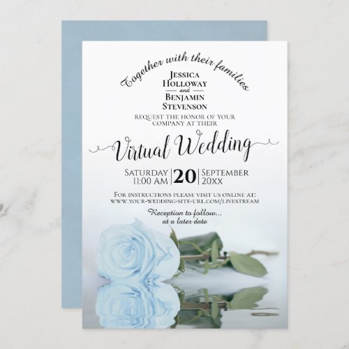 Elegant Dusty Blue Romantic Rose Virtual Wedding Invitation