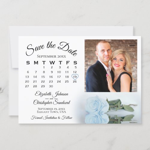 Elegant Dusty Blue Rose Calendar  Photo Wedding Save The Date