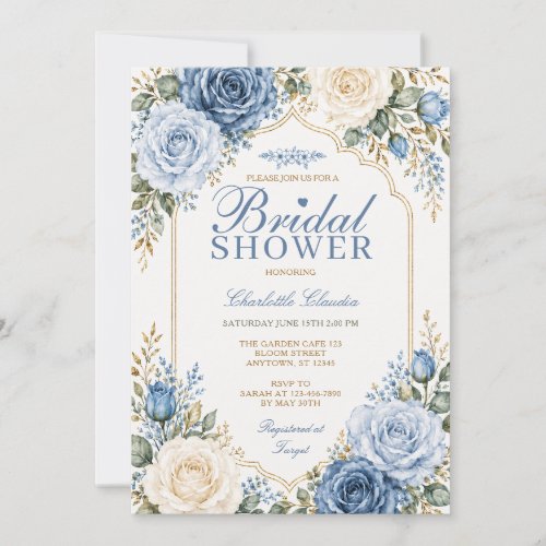Elegant Dusty Blue Rose Floral Boho Bridal Shower  Invitation