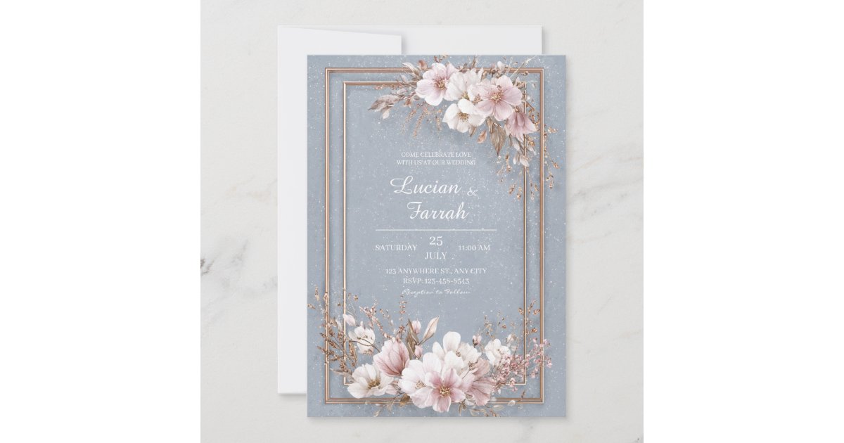 Elegant Dusty Blue Rose Gold Floral Wedding Invitation | Zazzle