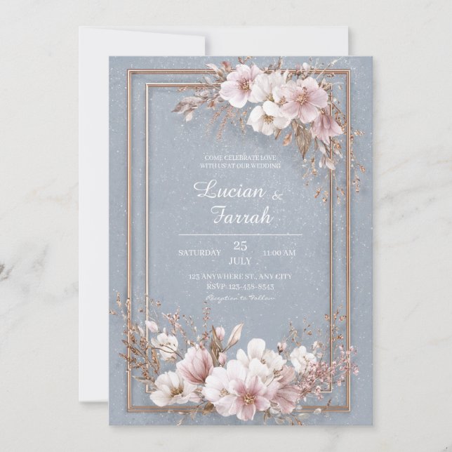 Elegant Dusty Blue Rose Gold Floral Wedding Invitation (Front)