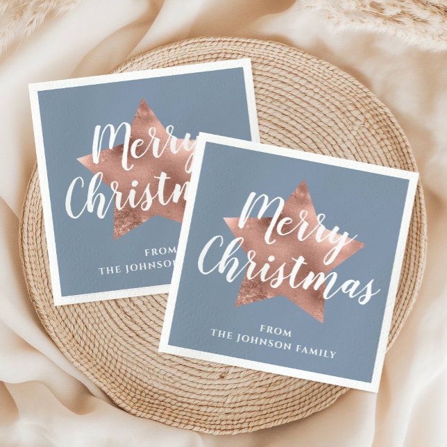 Elegant Dusty Blue Rose Gold Star Christmas Napkins (Elegant Dusty Blue Rose Gold Star Christmas Napkins)