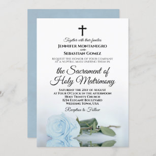 Elegant Dusty Blue Rose Modern Catholic Wedding Invitation