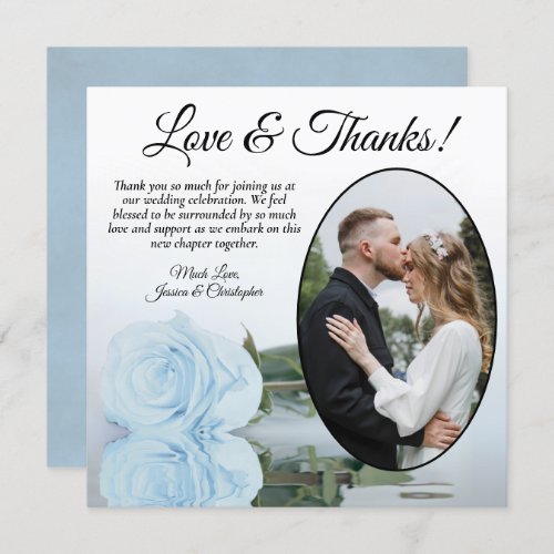 Elegant Dusty Blue Rose Oval Photo Wedding Thank You Card